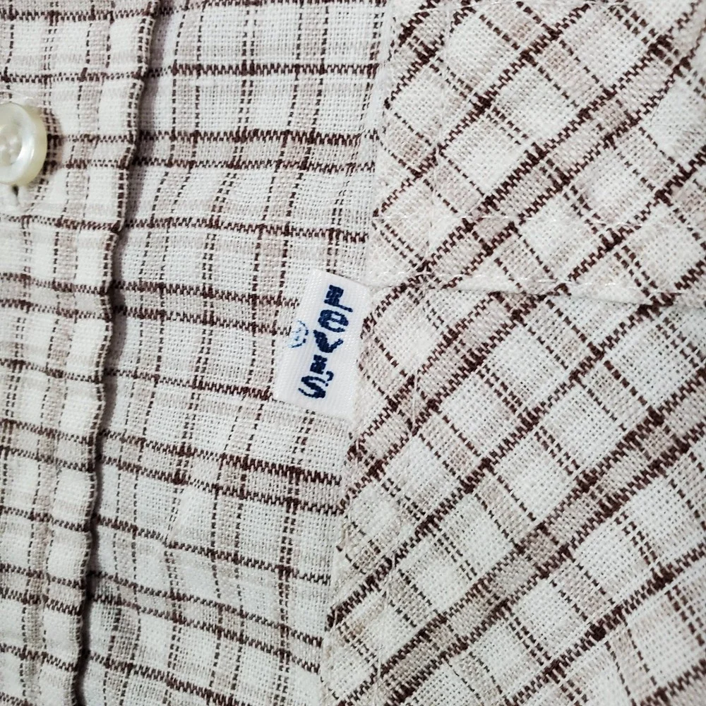 VINTAGE Levi Men Button Up Shirt Large Beige Checkered Plaid‎ Long Sleeve 80s